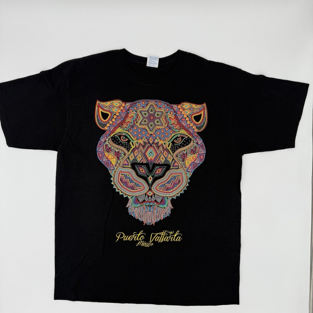 Puerto Vallarta Mexico TShirt Men's Size Large Black Neon Feline Graphic Tee